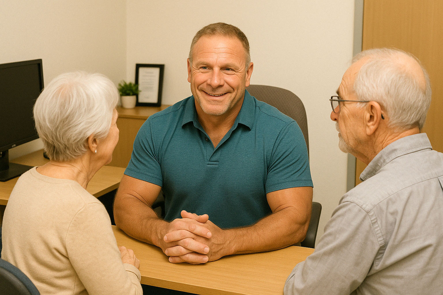 JJ sitting at his desk consulting with a senior couple about Medicare
